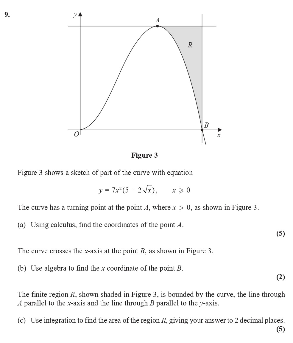 Figure-3-shows-a-sketch-of-part-of-the-curve-with-equation---$y-=-7-rac{x^2}{(5---2-oot{x})}$,-where-$x->-0$-Edexcel-A-Level Maths Pure-Question 1-2018-Paper 4.png